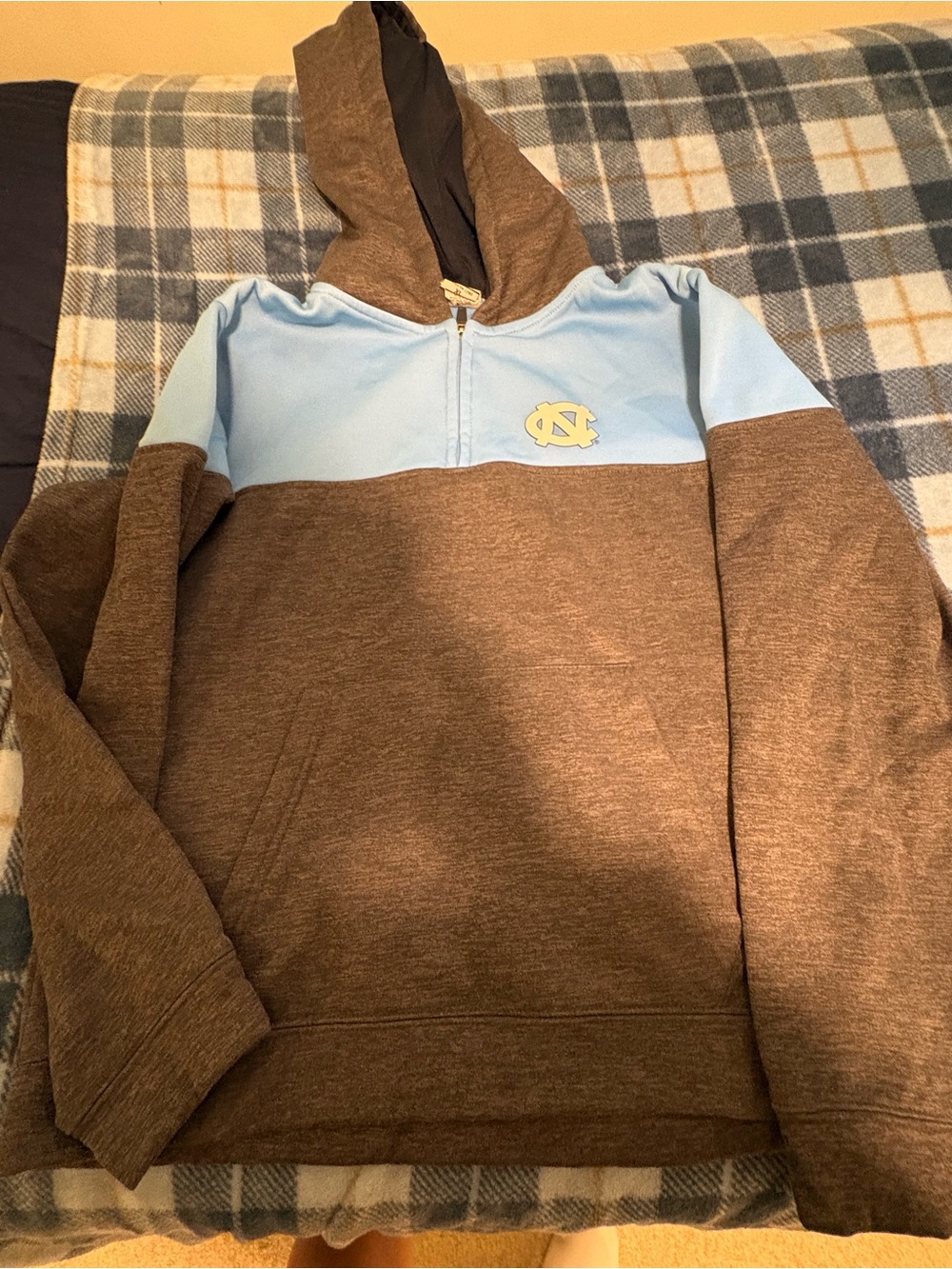 Brown and Light Blue Pullover Hoodie with Embroidered Logo